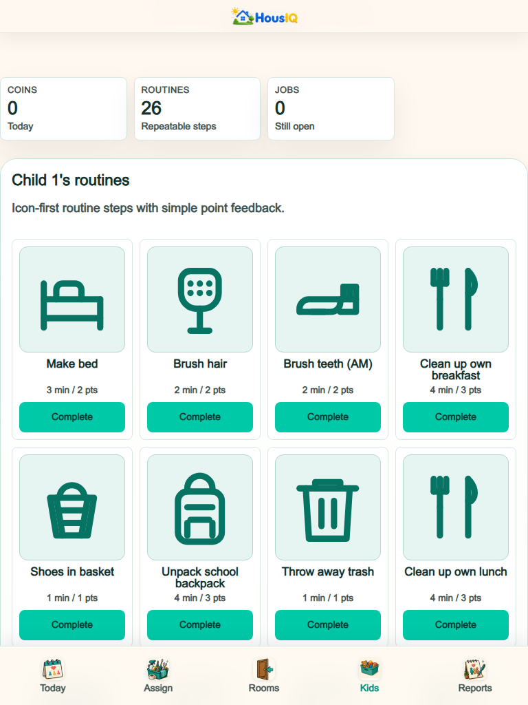 HousIQ Kids page on a tablet with a simplified child task view.