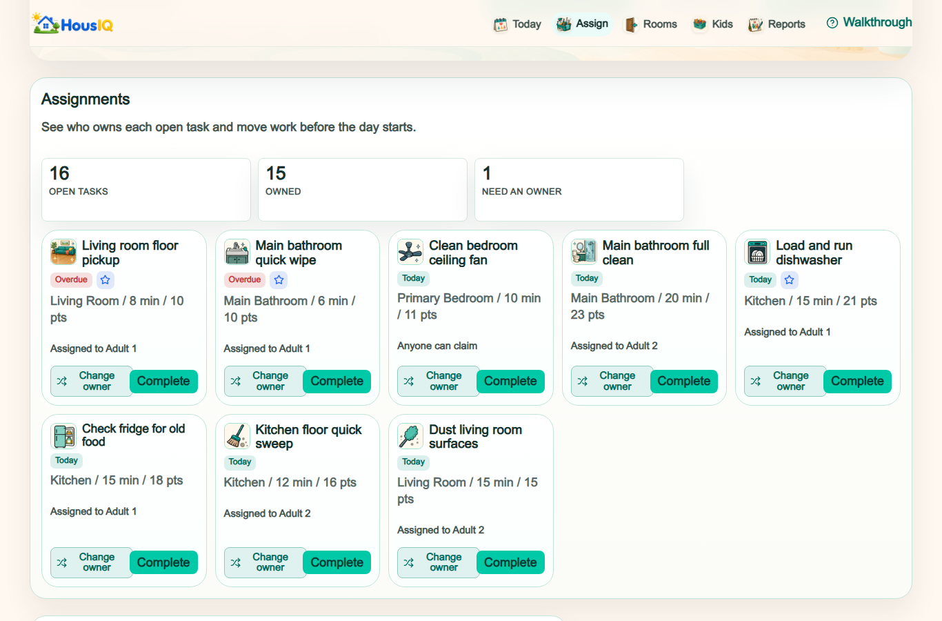 HousIQ Assignments page with recurring chores and assignment controls.